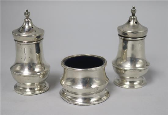A George V silver three piece condiment set, Preece & Williscombe, London, 1934.